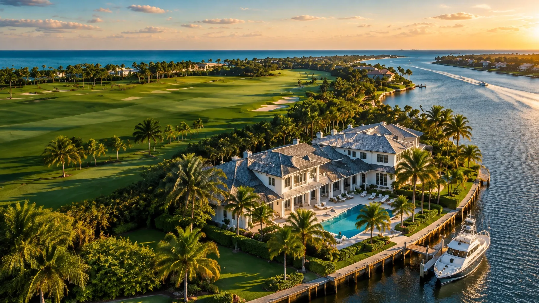 A waterfront estate, golf course, and boat along Florida's Treasure Coast at sunset
