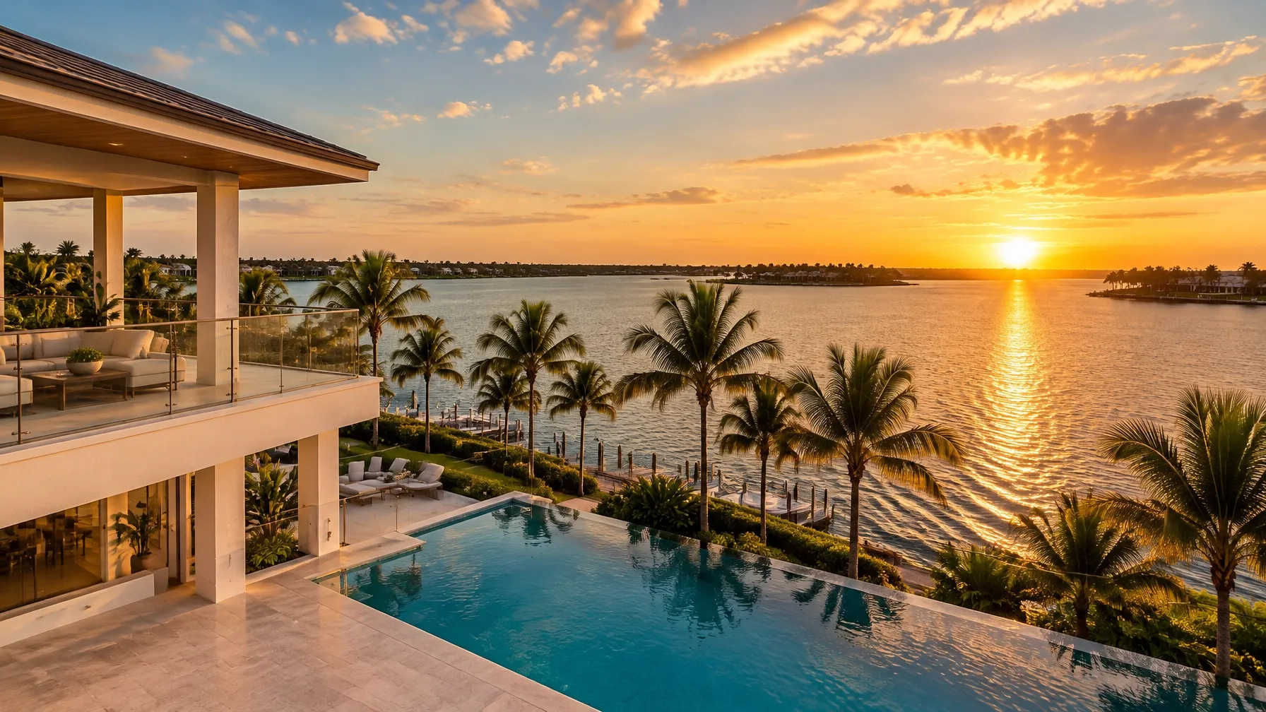 Waterfront home terrace and infinity pool at sunset